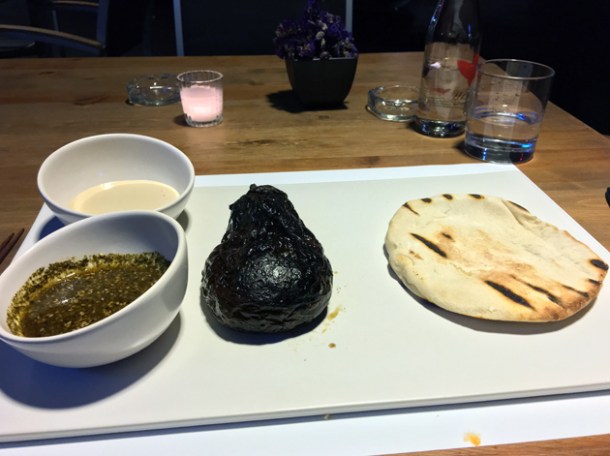 smoked aubergine with tahini and pitta bread at nudo negro