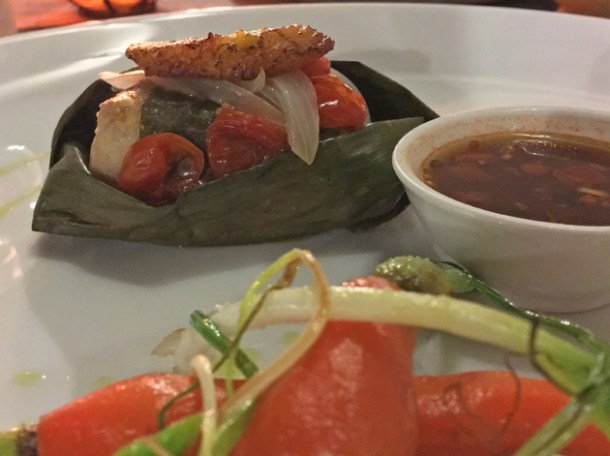 trout, plantain and vegetables at tierra y cielo mexico