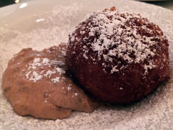 deep fried rice pudding ball with prune puree at hill and szrok pub