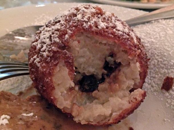 jam filled deep fried rice pudding ball at hill and szrok pub