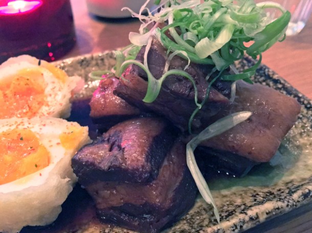 caramelised pork belly and tempura egg at yumi izakaya