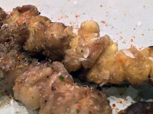 chicken skin skewers at yumi izakaya