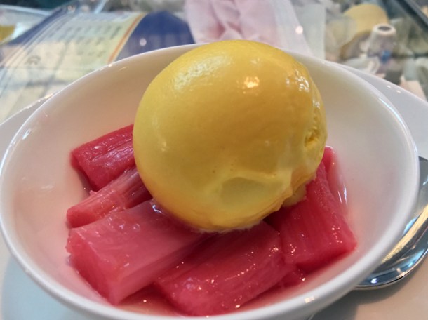 poached rhubarb and saffron ice cream at pharmacy 2