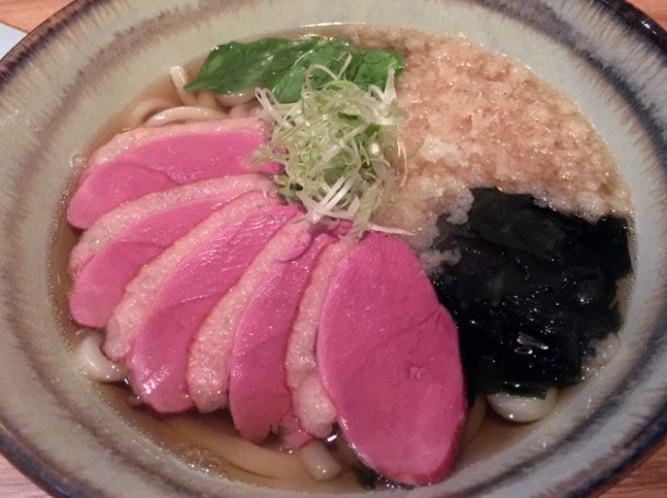smoked duck udon noodle soup at yumi izakaya