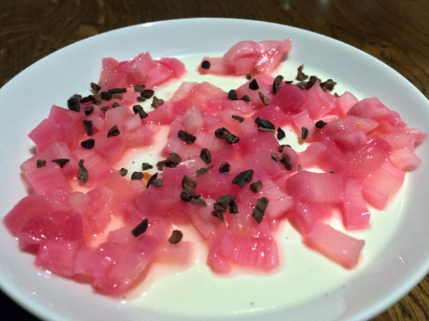 vanilla panna cotta with rhubarb and cocoa nibs at osteria barbican