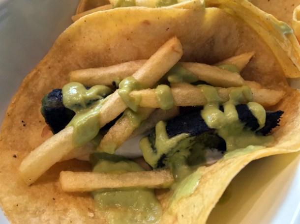 green chorizo and fries tacos at killer tomato