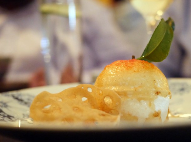 meringue filled with blood orange sorbet at a wong victoria