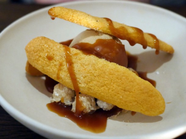hazelnut ice cream with salted caramel sauce at luca