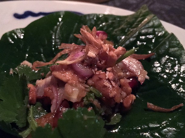 diced shrimp and pomegranate bites at farang highbury