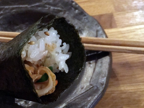 scallop and avocado temaki hand roll at jugemu