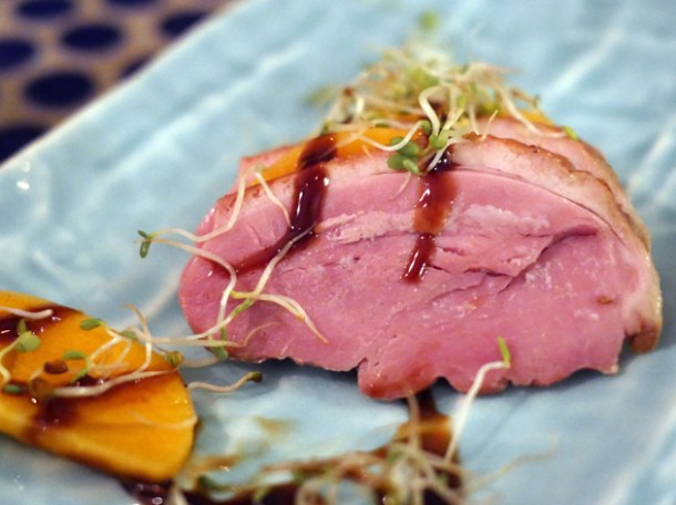 smoked duck with sharon fruit at jugemu