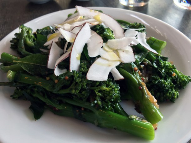 sprouting broccoli and coconut salad at sparrow