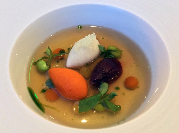 vegetable dumplings in prawn consomme at claude bosi bibendum