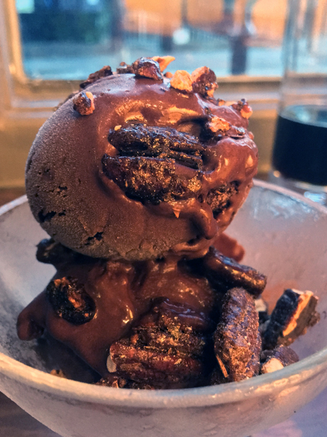 chocolate ice cream with spiced pecans at plaquemine lock