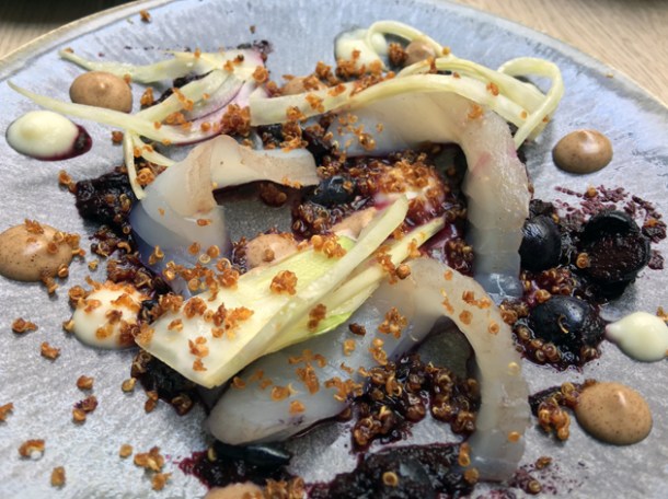 turbot crudo with blackberries at magpie