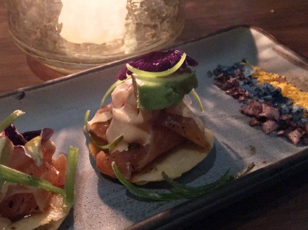 pickled salmon tostada at ella canta