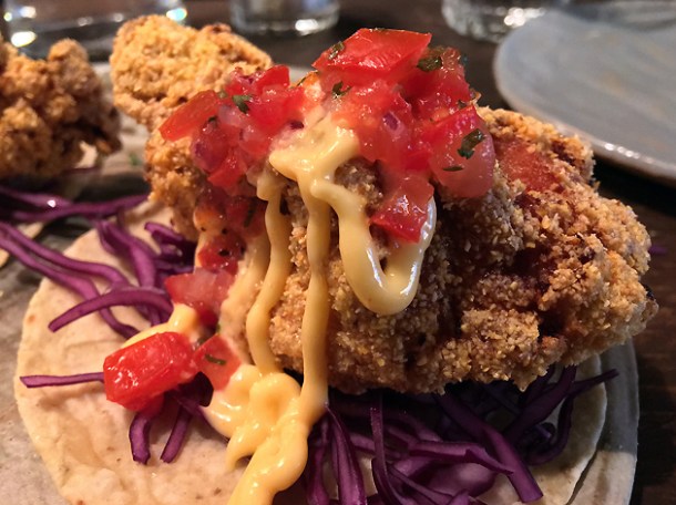 fried chicken tacos at breddos tacos soho