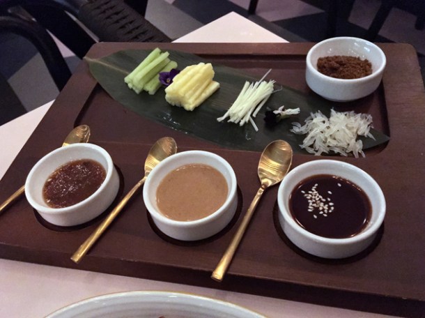 peking roast duck sauces and garnishes at duddell's london bridge