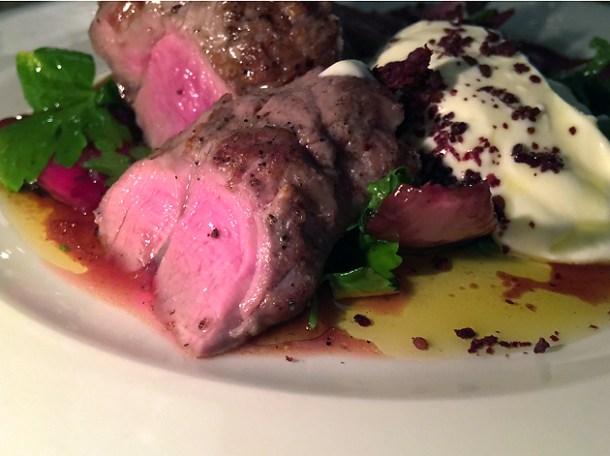 rare lamb with pickled onions and yoghurt at little duck picklery