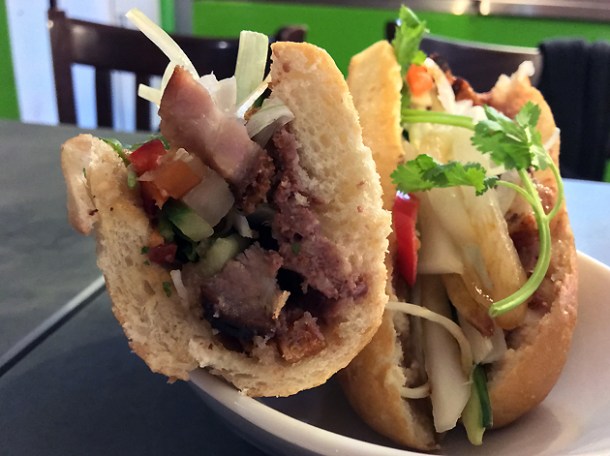crispy pork banh mi at mrs le's