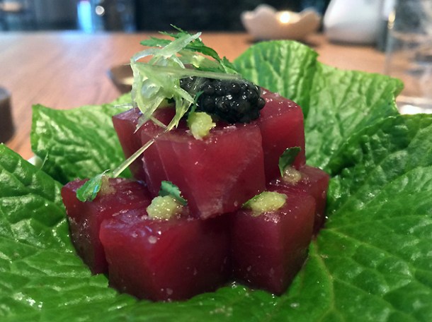 raw tuna with caviar and wasabi at hide above