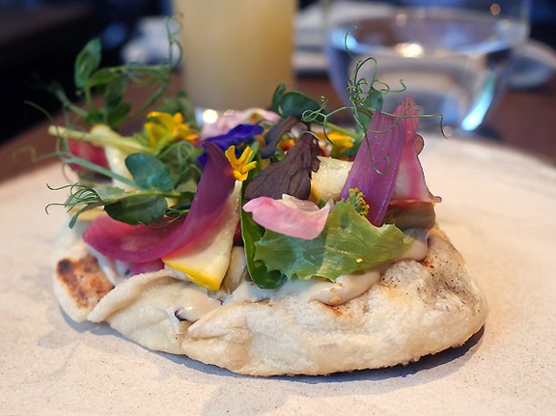 sesame labneh and pickled vegetable flatbread at hide ground