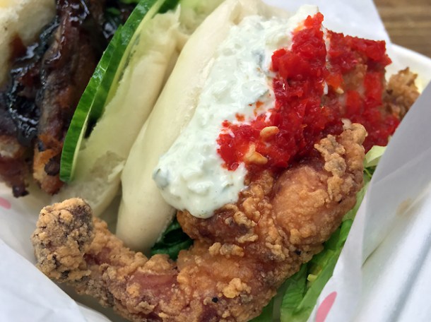fried chicken bao from yum bun at street feast woolwich public market