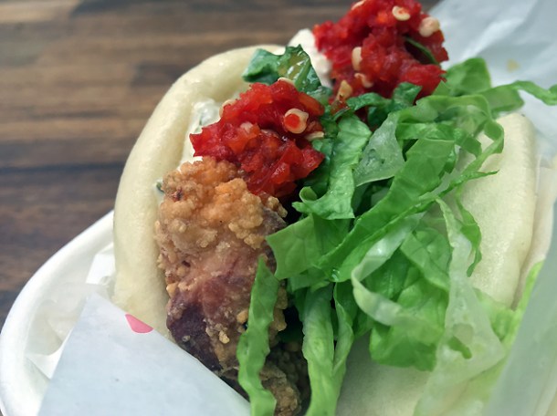 fried chicken gua bao from yum bun at street feast woolwich public market