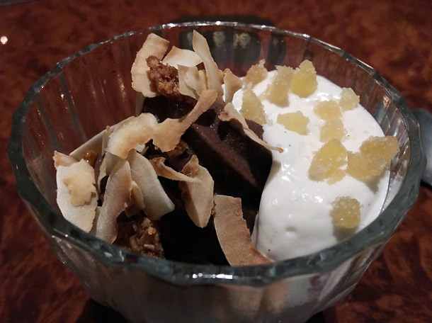 chocolate coconut kulfi with candied ginger at brigadiers