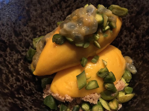 mango sorbet with pistachios at st leonards