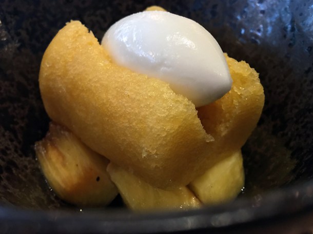 rhum baba with smoked pineapple and yoghurt sorbet at st leonards