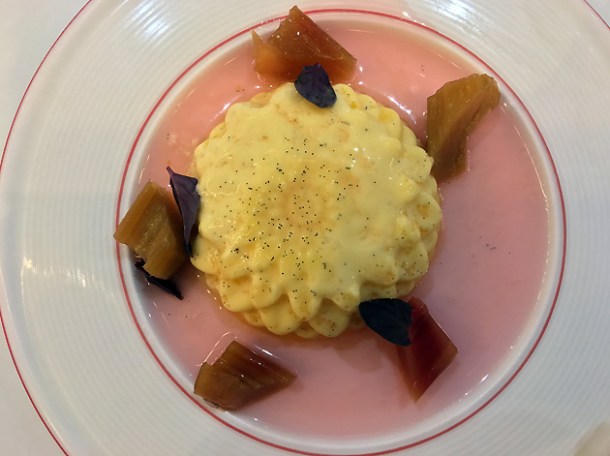 baked vanilla custard with rhubarb at bob's lobster
