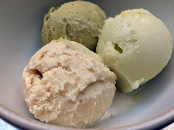 pistachio, peanut butter ice cream and apple sorbet at temper covent garden