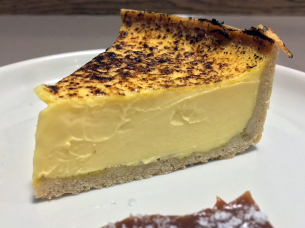 egg custard tart with smoked caramel at two lights