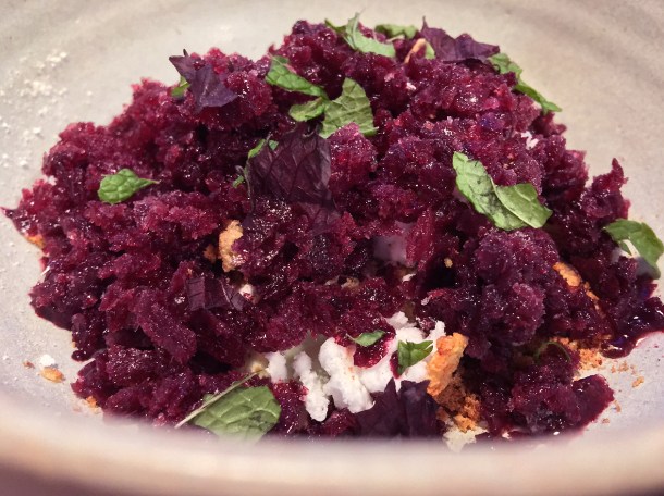 grape granita with mint ice cream and meringue at two lights