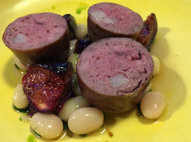 grouse sausage, beans and figs at two lights