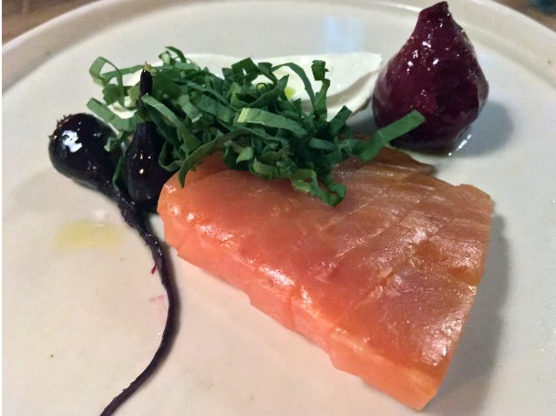 beetroot smoked salmon at orasay notting hill