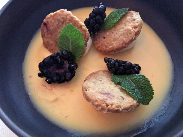 illustrative photo of the passion fruit posset with oat biscuits at Myrtle