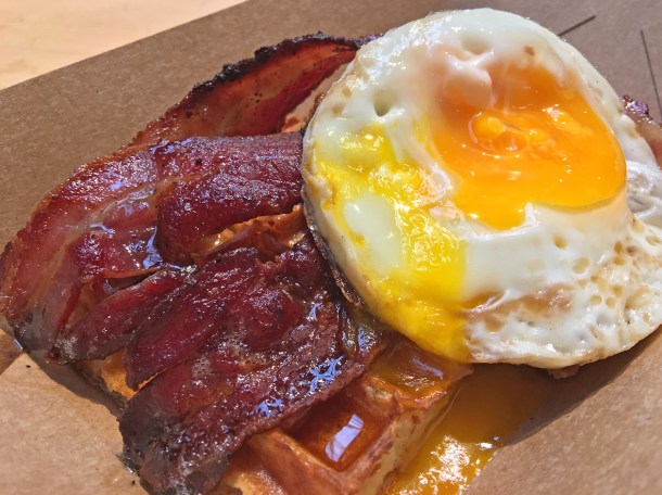illustrative photo of the bacon and egg waffle from Waffle On at Mercato Metropolitano