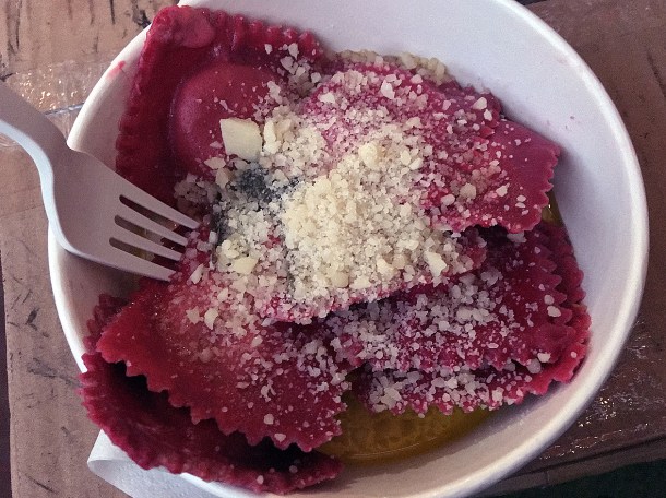 illustrative photo of the blue cheese beetroot ravioli from Leggero at Mercato Metropolitano
