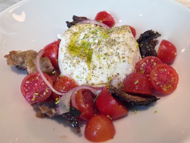 illustrative photo of the burrata and tomato panzanella at Flor