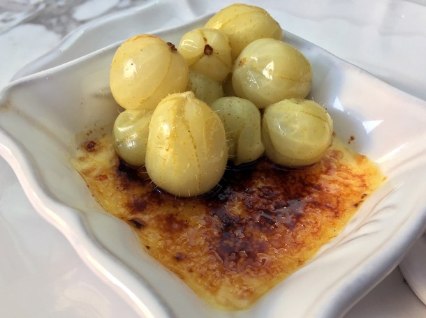 illustrative photo of the Cambridge burnt cream with gooseberries at Siren at The Goring Hotel