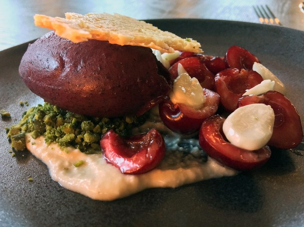 illustrative photo of the cherries with almonds and cherry sorbet at Wild Honey St James