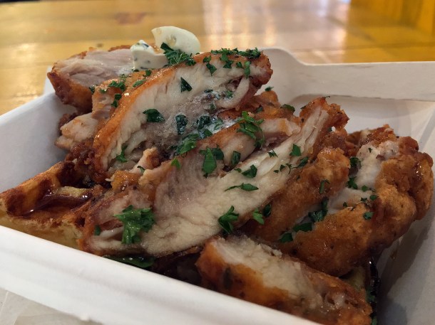 illustrative photo of the fried chicken waffle from Waffle On at Mercato Metropolitano