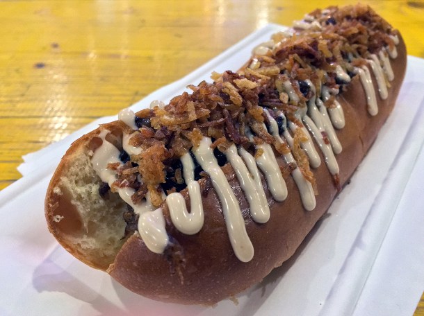 illustrative photo of the Hawaiian pork hot dog from Oprha's at Mercato Metropolitano