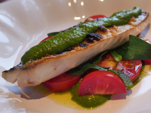 illustrative photo of the mackerel with tomatoes and green sauce at Siren at The Goring Hotel