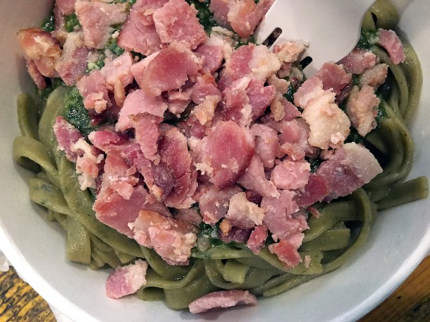 illustrative photo of the pesto pasta with pesto and speck from Leggero at Mercato Metropolitano