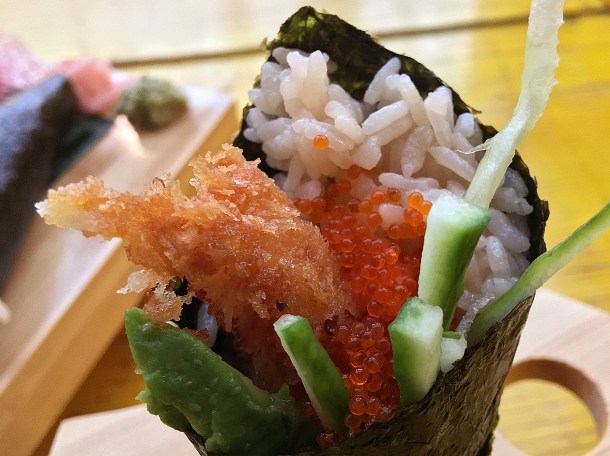 illustrative photo of the prawn katsu temaki roll from Katsuma at Mercato Metropolitano
