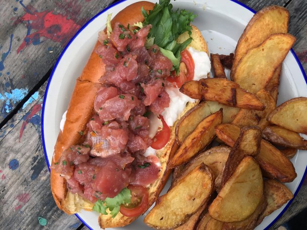 illustrative photo of the royal tuna bun and potato wedges from Fish Lab-James Knight of Mayfair at Mercato Metropolitano