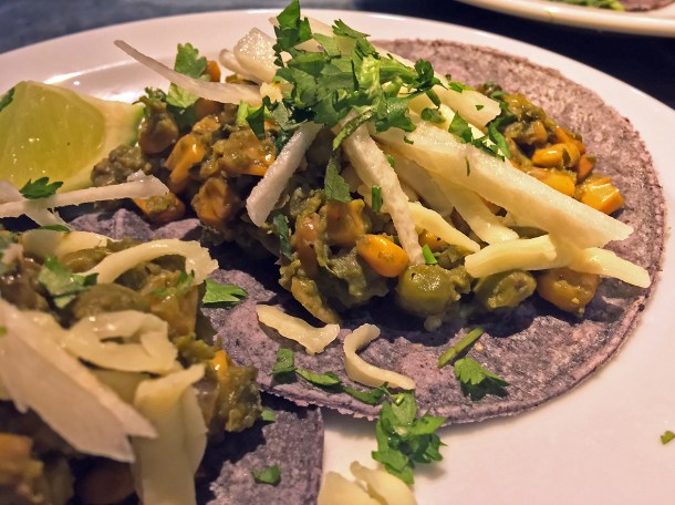 illustrative photo of the pea and Oaxacan cheese tacos from Pastorcito at Arcade Food Theatre Centre Point
